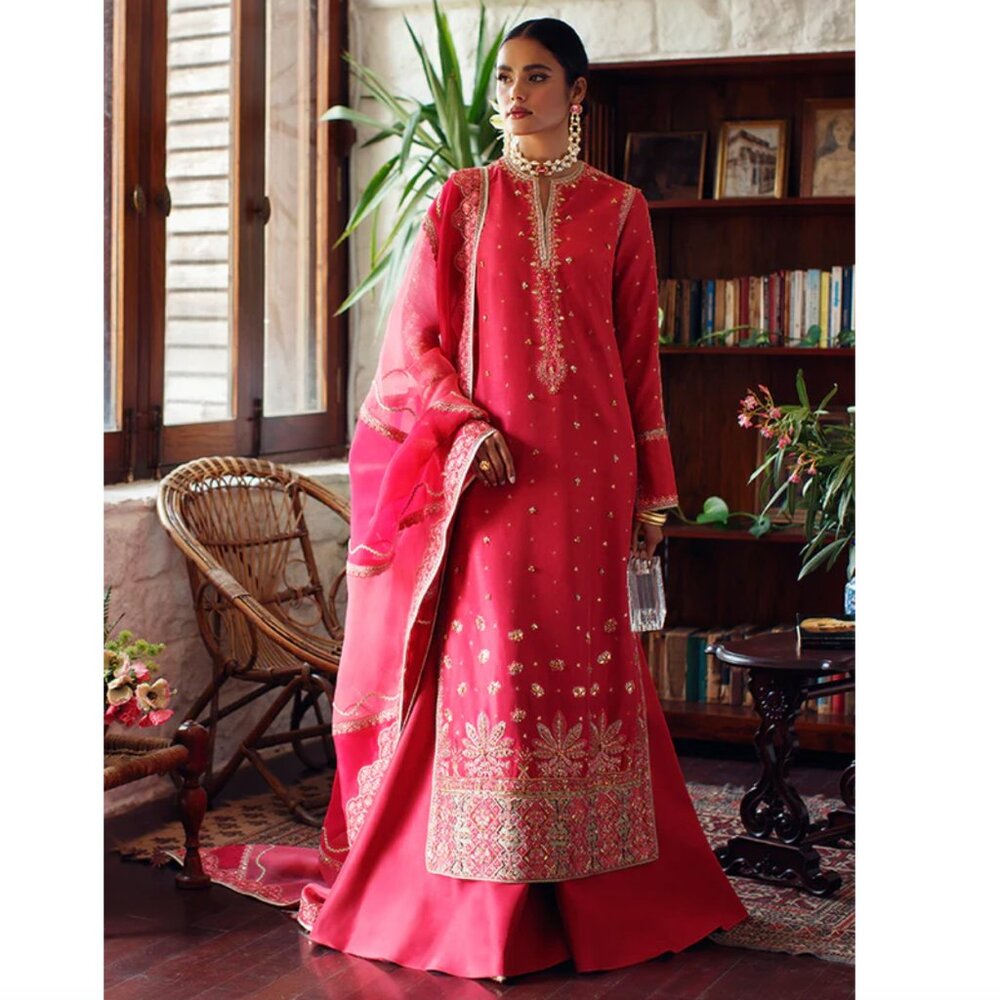 Suffuse S Zoona Watermelon Pink Shirt, Sharara Pants + Dupatta (Pakistani wear)